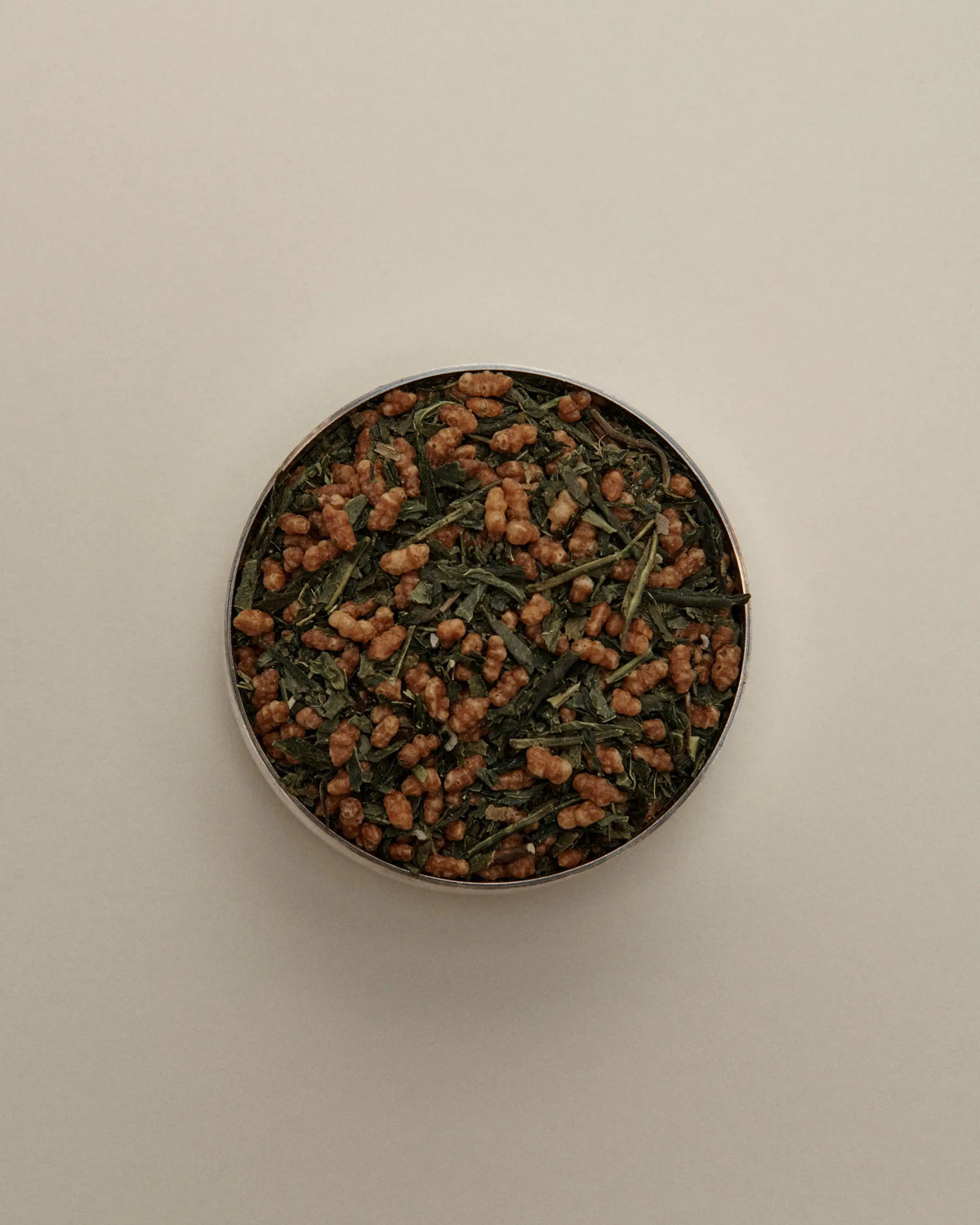 Forgrave 001 Smoking Jacket loose organic green tea leaves in round tin – overhead view