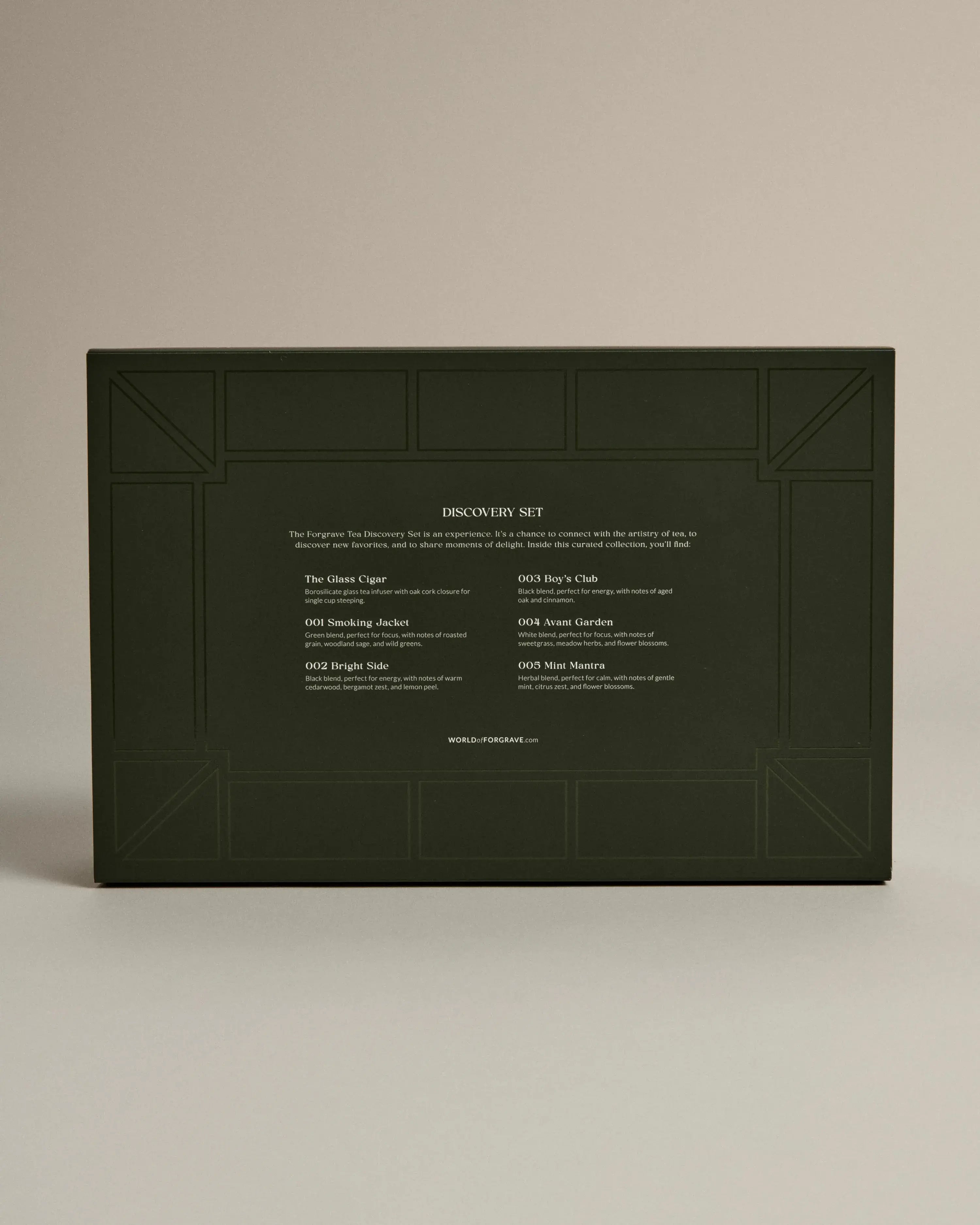 Back of the ‘FORGRAVE Discovery Set’ box listing tea blends, including ‘The Glass Cigar,’ ‘Smoking Jacket,’ and ‘Mint Mantra.