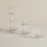 Arcoroc Octime Glass Cups — Set of Six with Saucers