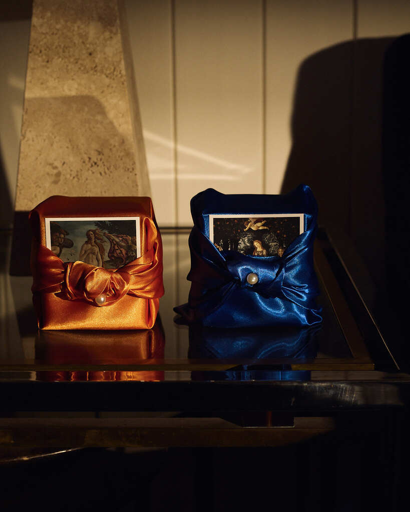 Forgrave Botticelli Duo, copper and blue silk-wrapped gift boxes for 006 Primavera and 007 Birth of Venus with Botticelli painting cards