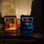 Forgrave Botticelli Duo, copper and blue silk-wrapped gift boxes for 006 Primavera and 007 Birth of Venus with Botticelli painting cards