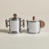 Chrome Sugar and Creamer — Oak Handles with Tray