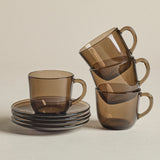 Smoke Glass Tea Cups — Set of Four with Saucers
